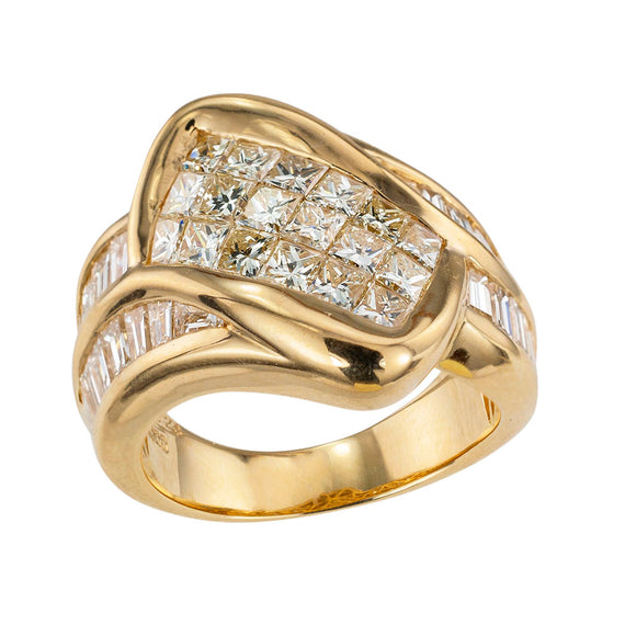Invisibly set princess cut diamonds baguette diamonds and yellow gold ring band.