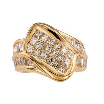 Invisibly set princess cut diamonds baguette diamonds and yellow gold ring band.