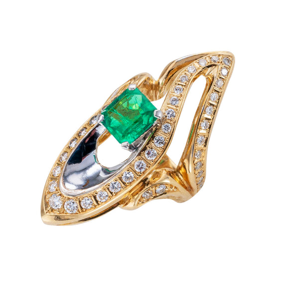 Estate Colombian emerald diamond and two-tone gold cocktail ring by Kunio.